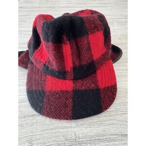Vtg Broner Buffalo Plaid Trapper Hat Small Medium Wool Ear Flaps Red Black USA